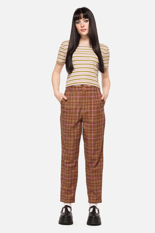 Image of a model wearing Pants. Productname: Rustic Check Slim Fit Pants in Brown colour by brand - Dangerfield
