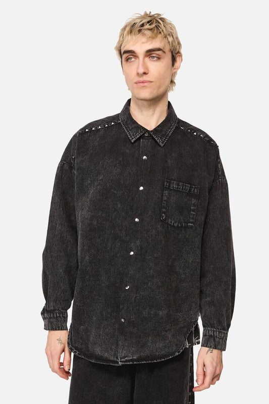 Image of a model wearing Tops. Productname: Lawless Stud LS Shirt in Black colour by brand - Dangerfield