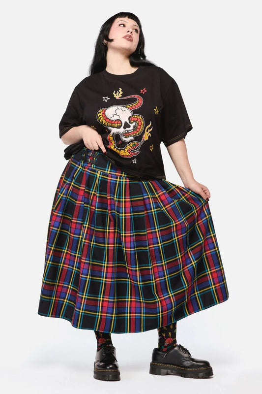 Image of a model wearing Skirts. Productname: Curve Anarchic Tartan Midi Skirt in Multi colour by brand - Dangerfield