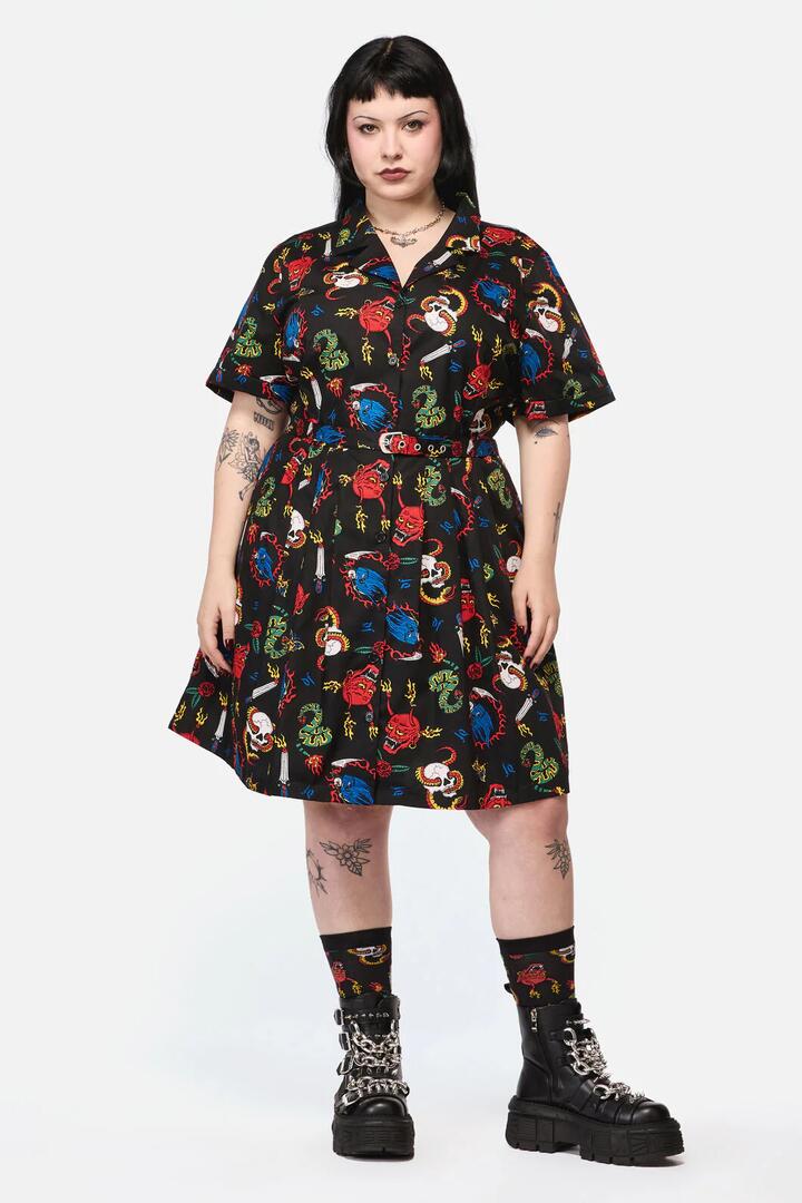 Image of a model wearing Dress. Productname: Curve Dangerous Grunge Print Dress in Black colour by brand - Dangerfield