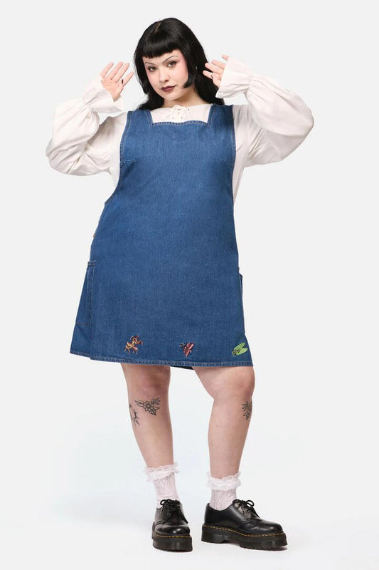 Image of a model wearing Dress. Productname: Curve Bugs Galore Embroidered Pinafore in Blue colour by brand - Dangerfield