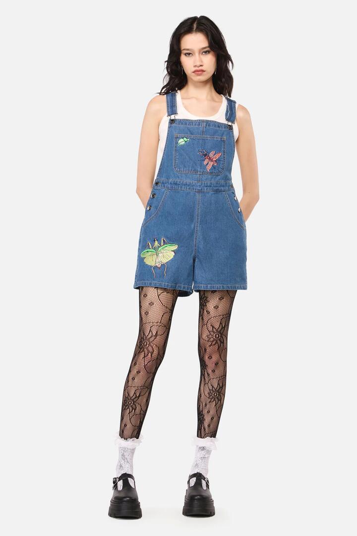 Image of a model wearing Pants. Productname: Bugs Galore Denim Overall in Blue colour by brand - Dangerfield