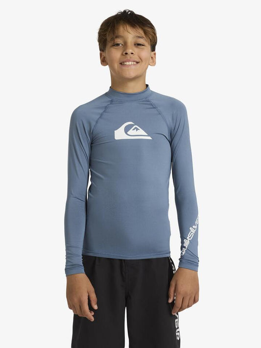 Image of a model wearing Tops. Productname: Quiksilver Boys 8-16 All Time Long Sleeve Rash Vest China Blue - in China Blue colour by brand - Quiksilver