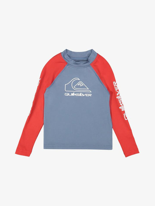 Image of a model wearing Tops. Product name - Quiksilver Boys 2-7 On Tour Long Sleeve Rash Vest Salsa in Salsa colour by brand - Quiksilver