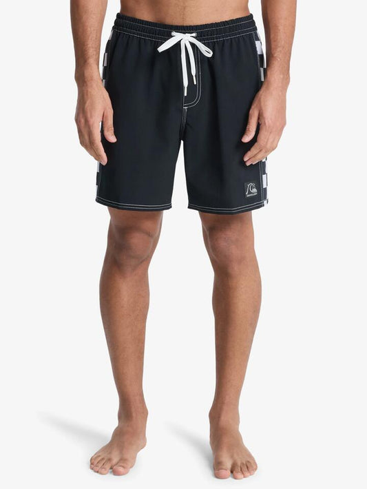 Image of a model wearing Shorts. Productname: Quiksilver - Mens Original Arch Volley 17" Swim Shorts - Black - in Black colour by brand - Quiksilver