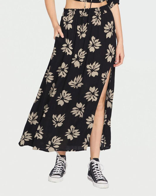 Image of a model wearing Skirts. Productname: Volcom Womens Get Wyyld Maxi Skirt Black - in Black colour by brand - Volcom