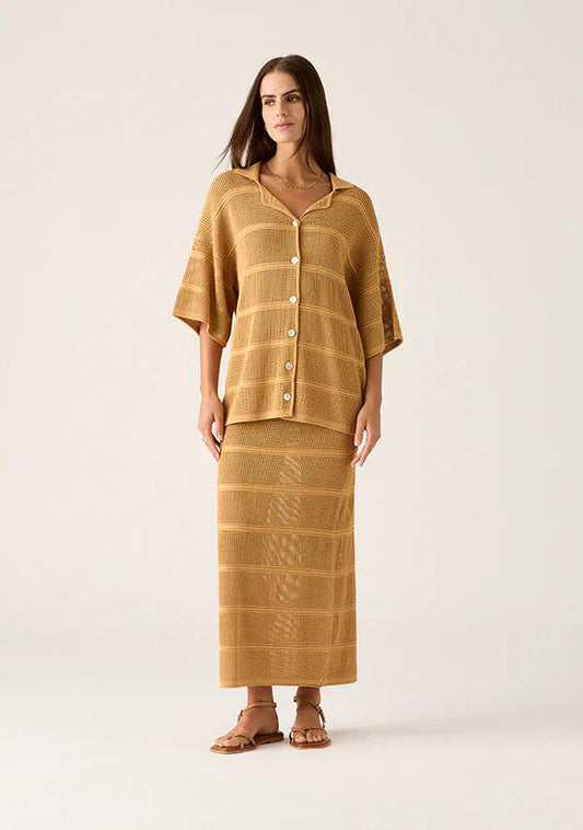 Image of a model wearing Tops. Productname: Carmen Knit Shirt in Mustard colour by brand - MOS The Label