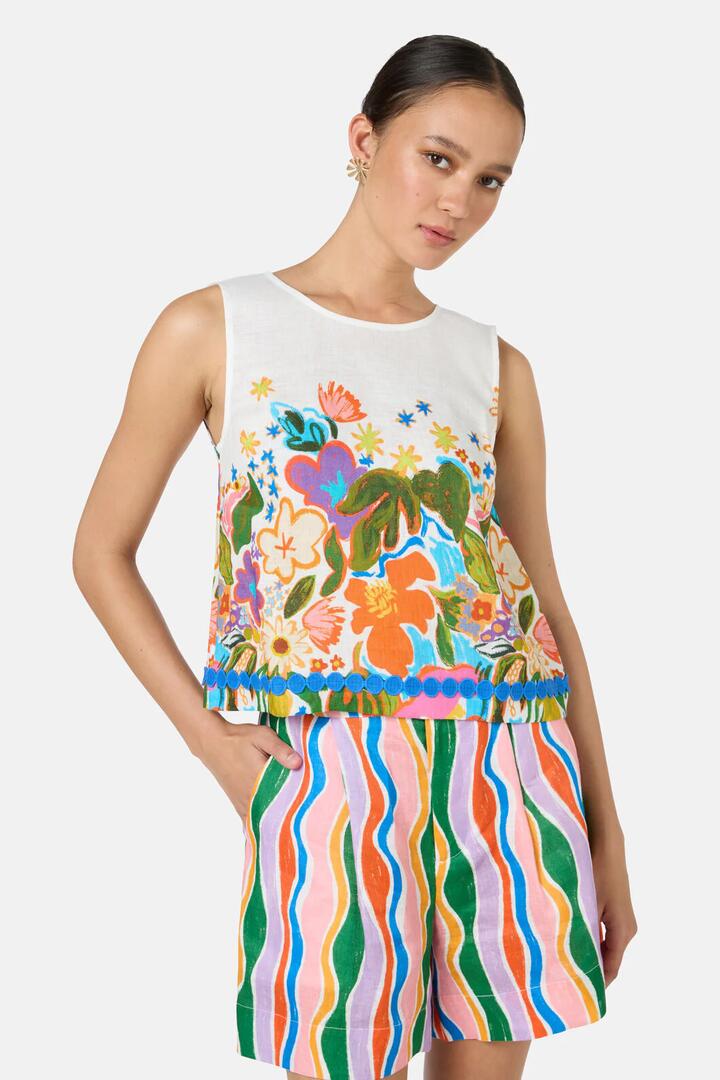 Image of a model wearing Tops. Productname: Midnight Garden Tank in Print colour by brand - Gorman