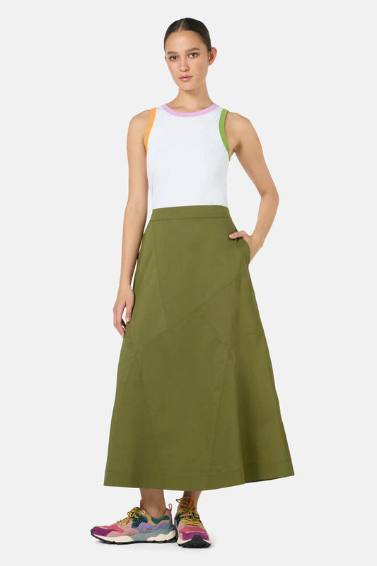Image of a model wearing Skirts. Productname: Whitney Gore Midi Skirt in Khaki colour by brand - Gorman