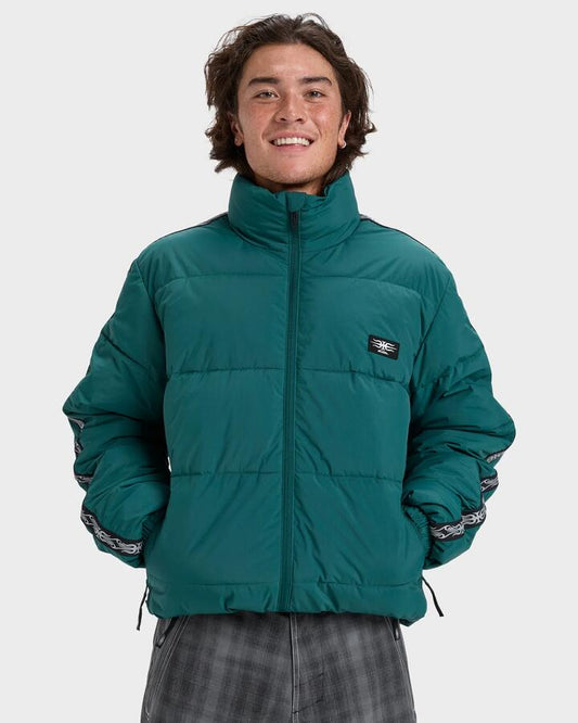 Image of a model wearing Outerwear. Productname: Quiksilver - Mens Puff The Dragon Snow Jacket - Botanical Garden - in Botanical Garden colour by brand - Quiksilver