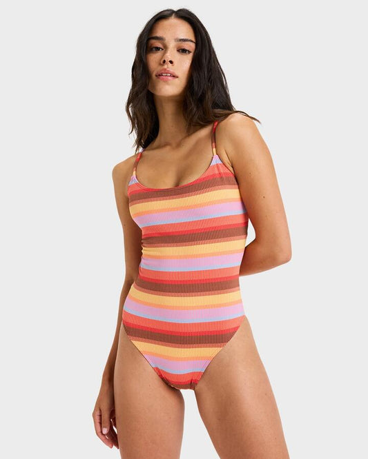 Image of Swimwear. Productname: Roxy Womens Sunset Stripe One Piece Swimsuit Pink Cosmos - in Pink Cosmos colour by brand - Roxy