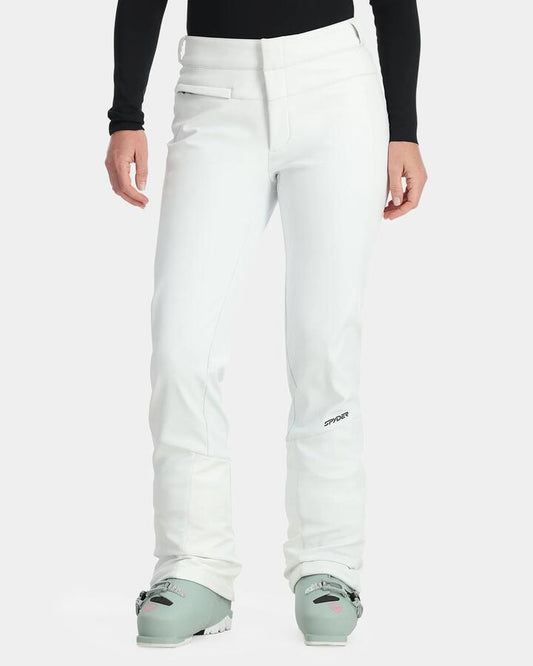 Image of a model wearing Pants. Productname: Spyder - Womens Orn Softshell Snow Pants - White - in White colour by brand - Spyder
