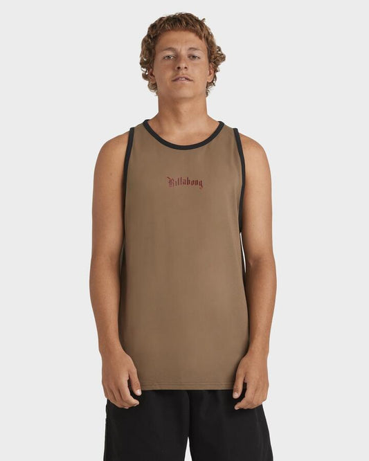 Image of a model wearing Tops. Product name - Billabong Mens Immortal Core Tank Top Gravel in Gravel colour by brand - Billabong