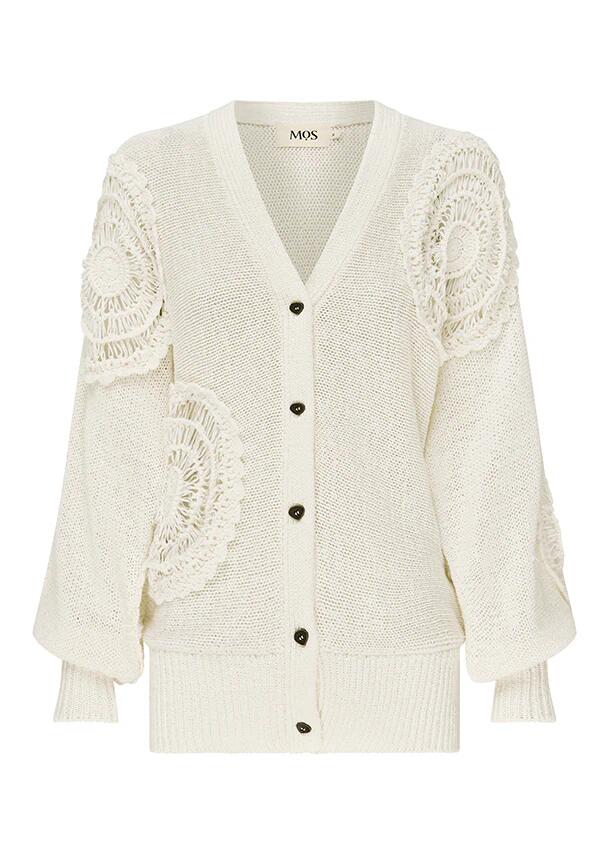 Image of a model wearing Outerwear. Productname: Martina Knit Cardigan in Chalk colour by brand - MOS The Label