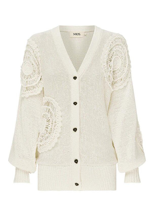 Image of a model wearing Outerwear. Productname: Martina Knit Cardigan in Chalk colour by brand - MOS The Label