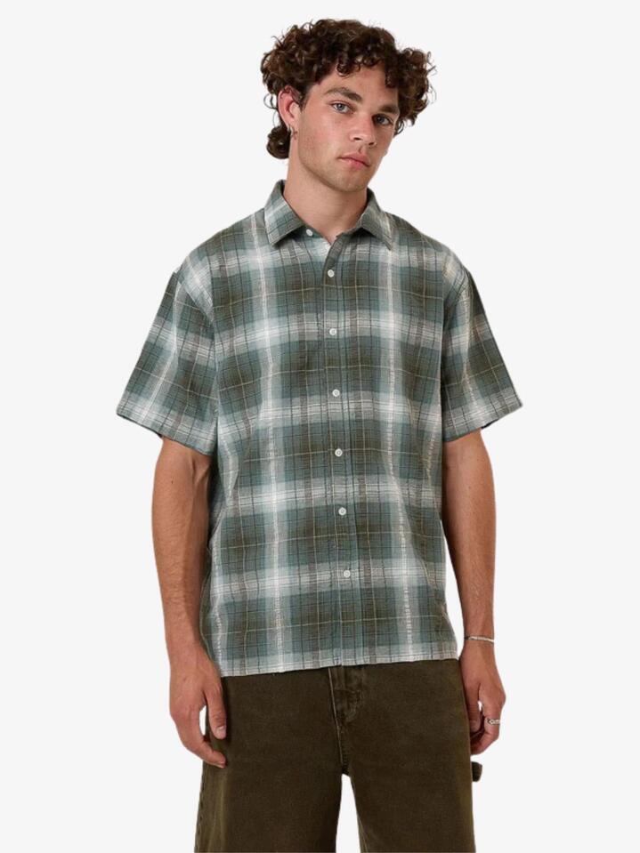 Image of a model wearing Tops. Productname: Thrills Cheap Thrills Check Cropped Shirt in Tarmac colour by brand - Thrills