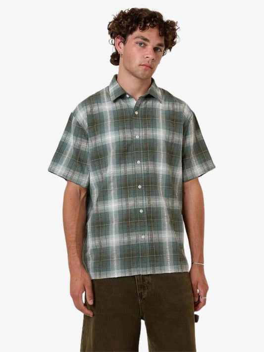 Image of a model wearing Tops. Productname: Thrills Cheap Thrills Check Cropped Shirt in Tarmac colour by brand - Thrills