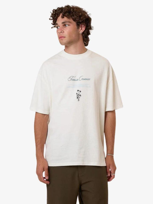 Image of a model wearing Tops. Productname: Thrills Adaptation To Gravitation Box Fit Tee in Snow White colour by brand - Thrills