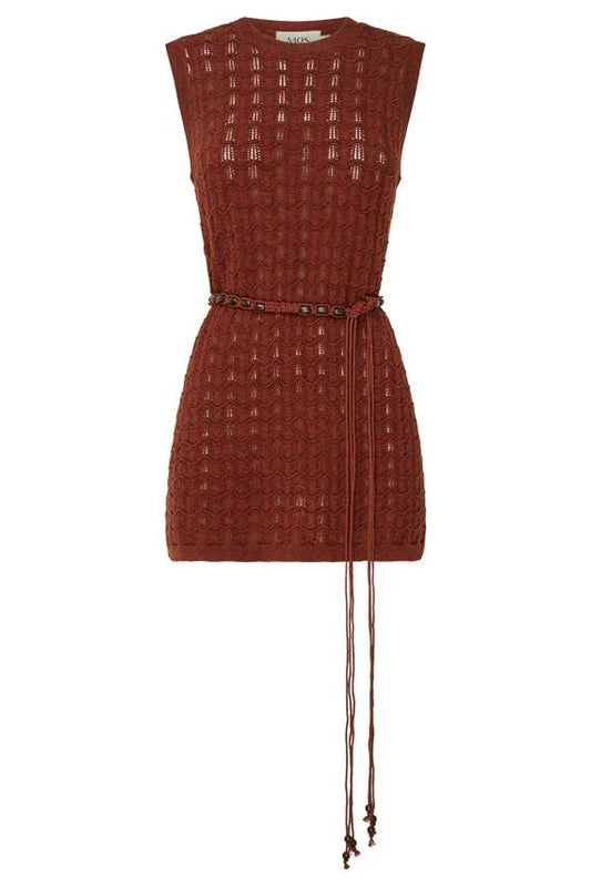 Image of a model wearing Tops. Productname: Selene Knit Top in Wine colour by brand - MOS The Label