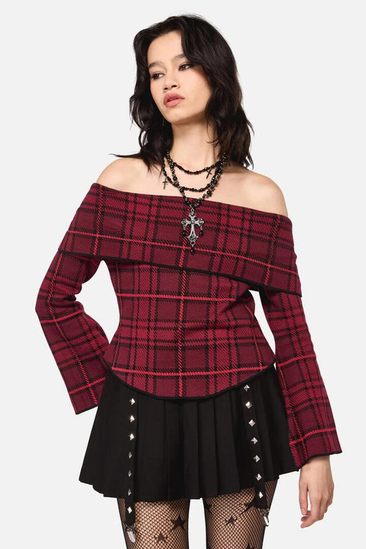 Image of a model wearing Tops. Productname: Over It Tartan Knit Top in Red colour by brand - Dangerfield