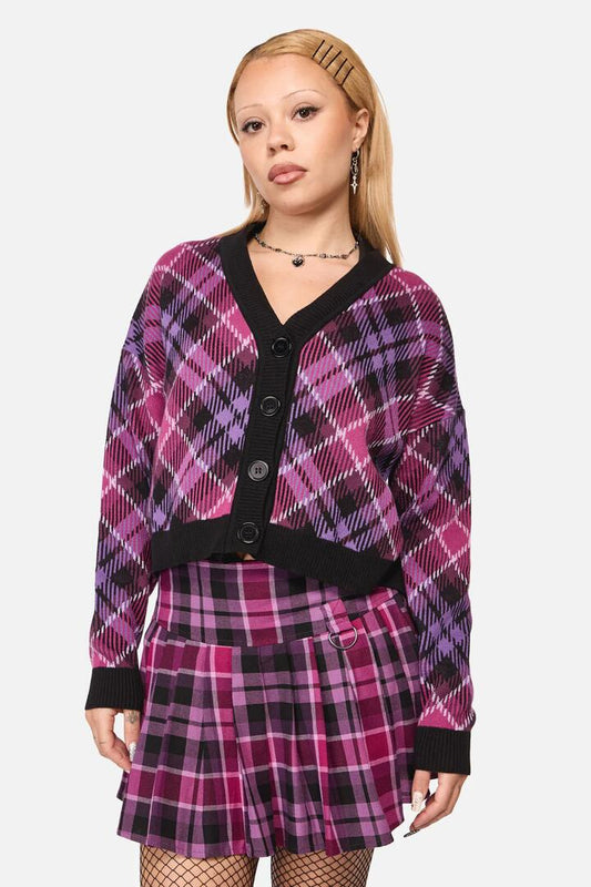 Image of a model wearing Outerwear. Productname: Predictions Tartan Cardigan in Plum/Black colour by brand - Black Friday