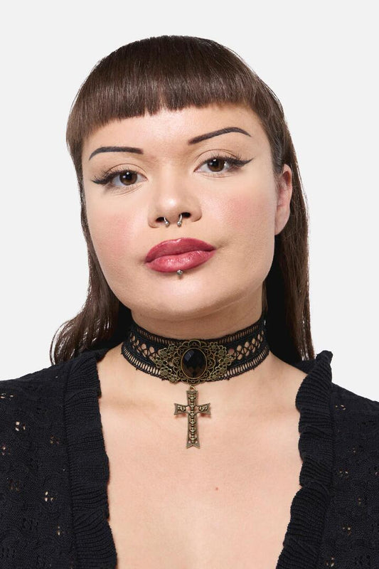 Image of Jewelry. Productname: Cross Skull Lace Choker in Black colour by brand - Dangerfield