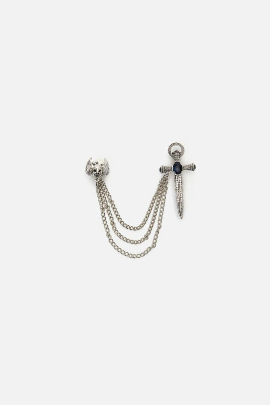 Image of Jewelry. Productname: Dagger & Skull Chain Pin in Silver colour by brand - Dangerfield