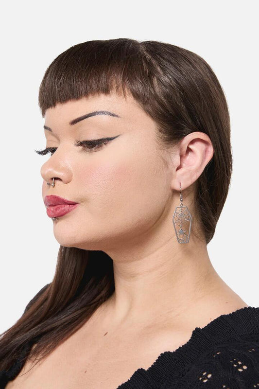 Image of Earrings. Productname: Coffin Spiderweb Earrings in Silver colour by brand - Dangerfield
