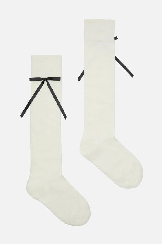 Image of Socks. Productname: White Knee High Rib Bow Sock in White colour by brand - Princess Highway