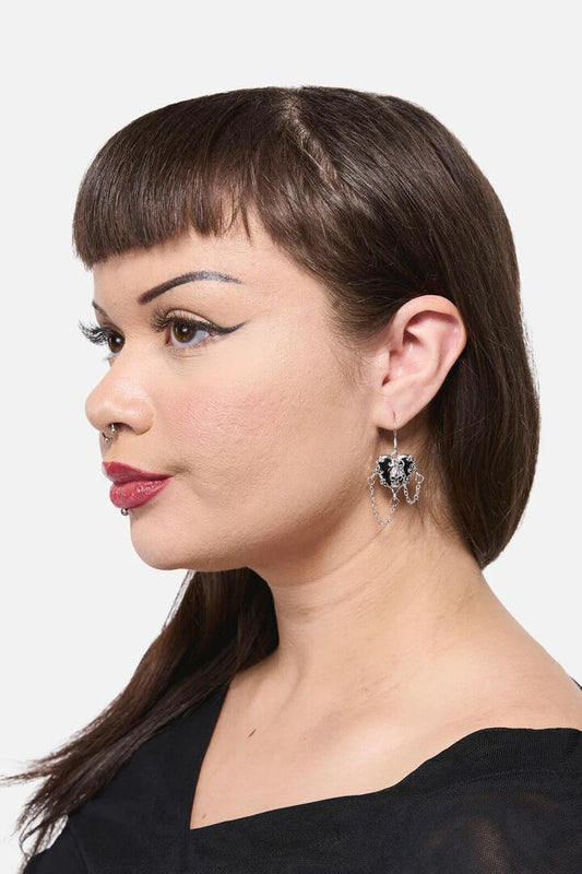 Image of Earrings. Productname: Chained Heart Skull Earrings in Silver colour by brand - Black Friday