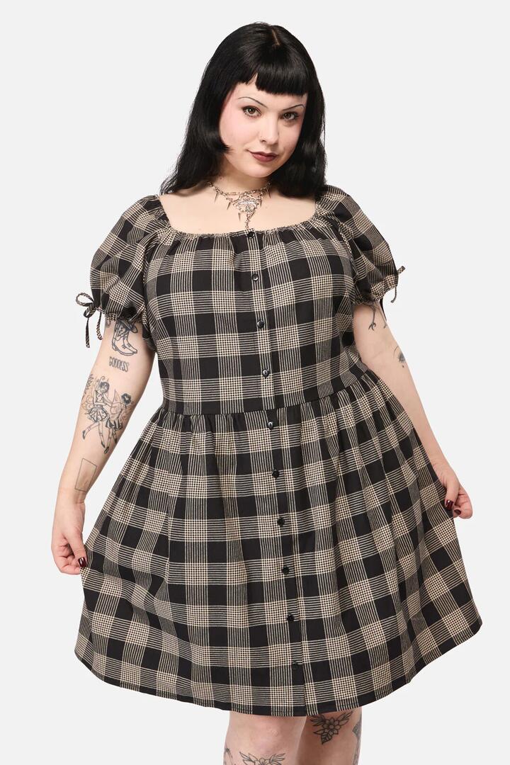 Image of a model wearing Dress. Productname: Curve Crypt Check Babydoll Dress in Black/Beige colour by brand - Black Friday