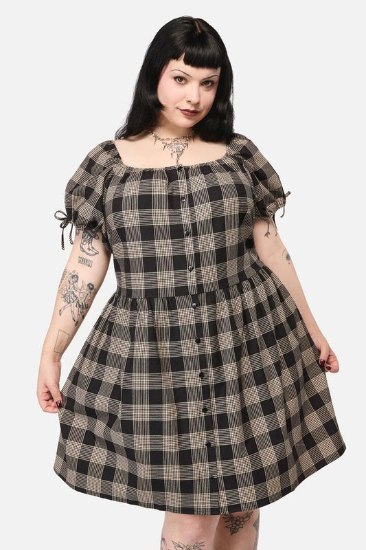 Image of a model wearing Dress. Productname: Curve Crypt Check Babydoll Dress in Black/Beige colour by brand - Black Friday