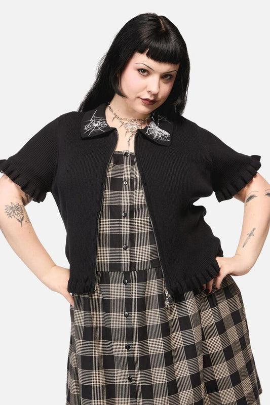 Image of a model wearing Outerwear. Productname: Curve Webbed Zipper Cardi in Black colour by brand - Black Friday