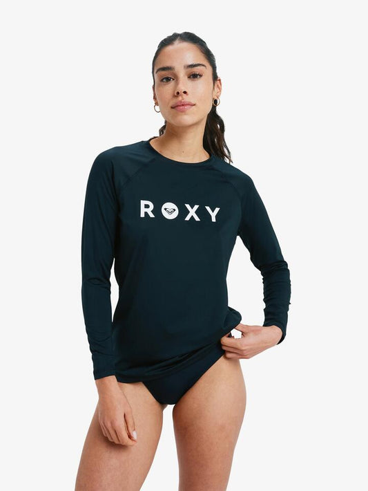 Image of a model wearing Tops. Product name - Roxy Women Essentials Long Sleeve Rash Vest Anthracite in Anthracite colour by brand - Roxy