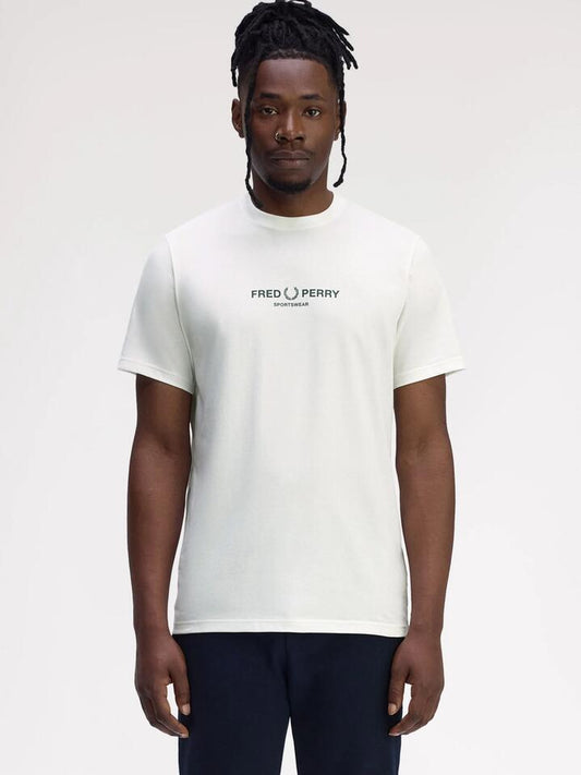 Image of a model wearing Tops. Productname: Fred Perry Fred Perry Sportswear T-Shirt in Snow White colour by brand - Fred Perry