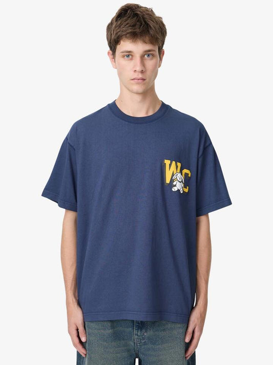 Image of a model wearing Tops. Productname: Weekend Cartel WC Tee in Navy colour by brand - Weekend Cartel