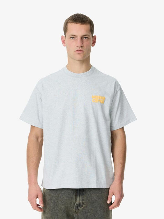 Image of a model wearing Tops. Productname: Weekend Cartel Bubble Logo Tee in Ash Marle colour by brand - Weekend Cartel
