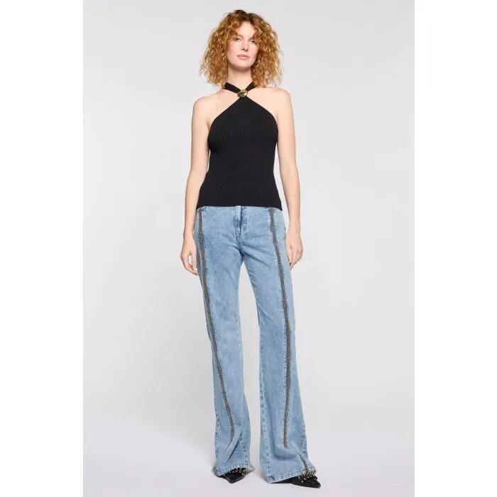 Image of a model wearing Tops. Productname: Dita Knit Tank With Hardware in Black colour by brand - sass and bide