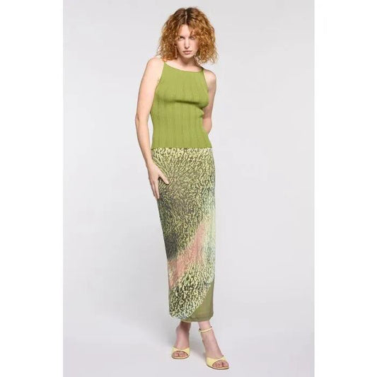 Image of a model wearing Tops. Productname: Dita Square Neck Knit Tank in GREEN CAPSICUM colour by brand - sass and bide