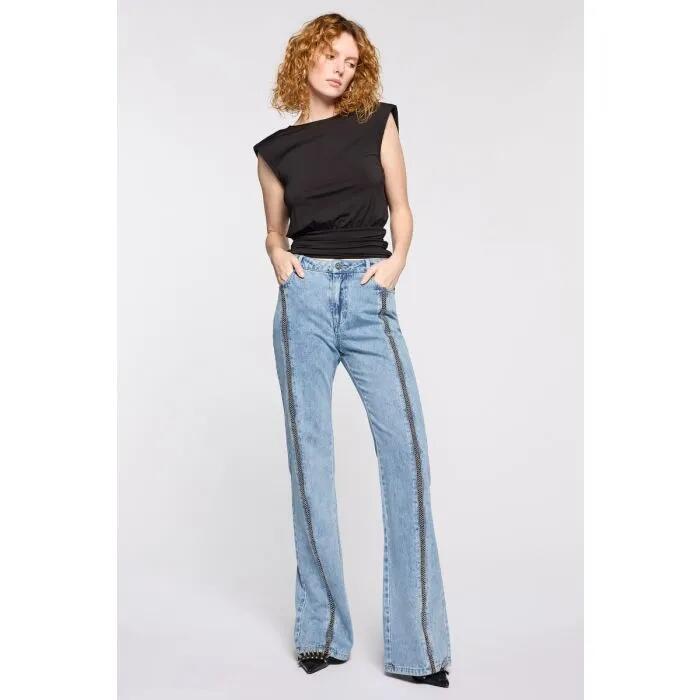 Image of a model wearing Denim. Productname: One Direction Strght Leg Jean in Bleached Indigo colour by brand - sass and bide
