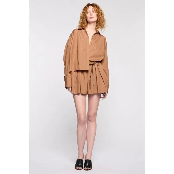 Image of a model wearing Shorts. Productname: Cala Short in CLOVE colour by brand - sass and bide