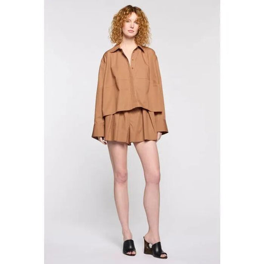 Image of a model wearing Tops. Productname: Cala Shirt in CLOVE colour by brand - sass and bide