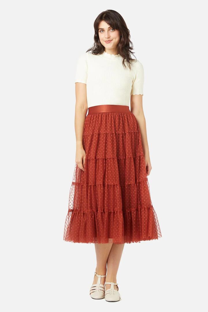 Image of a model wearing Skirts. Productname: Avery Tulle Skirt in Rust colour by brand - Princess Highway