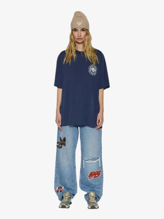Image of a model wearing Tops. Productname: Ksubi Stacks Boyfriend Ss Tee in DARK BLUE colour by brand - Ksubi