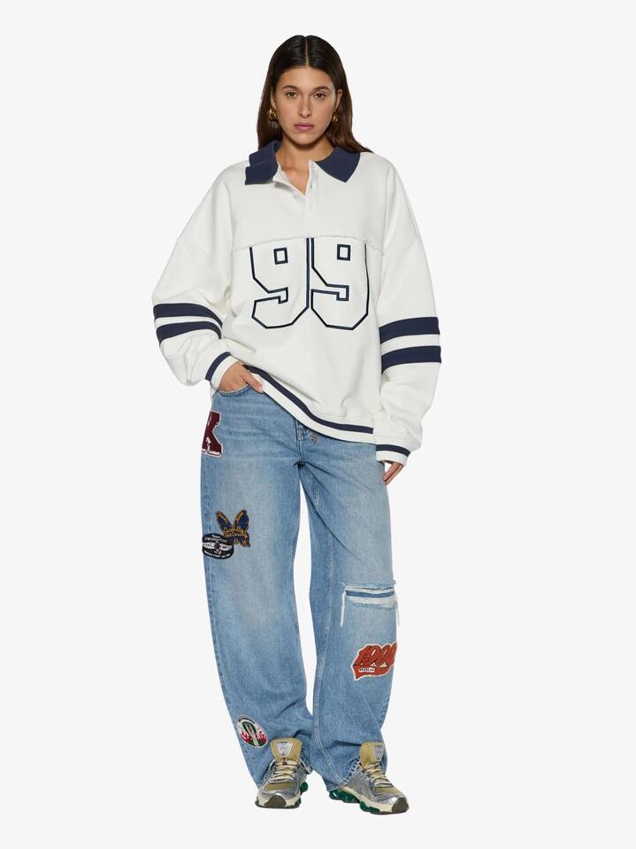 Image of a model wearing Outerwear. Productname: Ksubi 99 Boyfriend Polo Sweatshirt in WHITE colour by brand - Ksubi