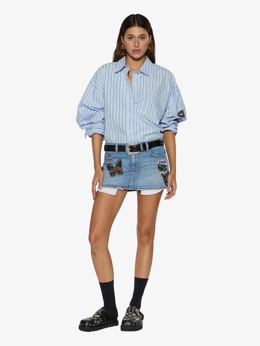 Image of a model wearing Tops. Productname: Ksubi Astra Ls Shirt Blu Stripe Badge in BLUE colour by brand - Ksubi