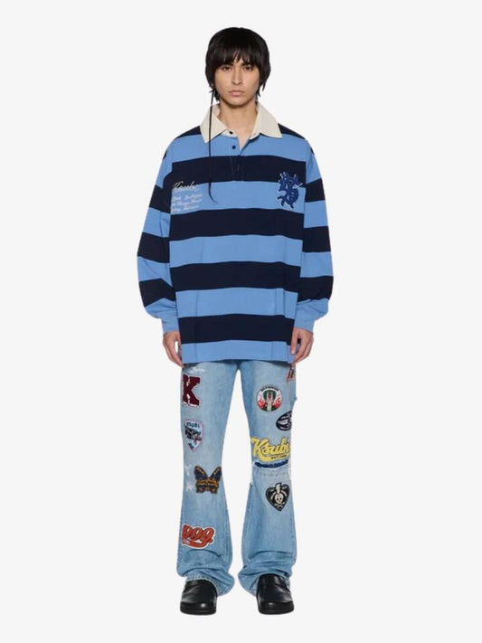 Image of a model wearing Tops. Productname: Ksubi Rugged Rugby Jersey in Faded Ice colour by brand - Ksubi