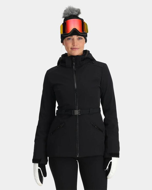 Image of a model wearing Outerwear. Productname: Spyder - Womens Glacial Softshell Snow Jacket - Black - in Black colour by brand - Spyder