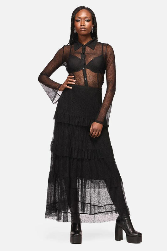 Image of a model wearing Skirts. Productname: Web Lace Midi Skirt in Black colour by brand - Black Friday