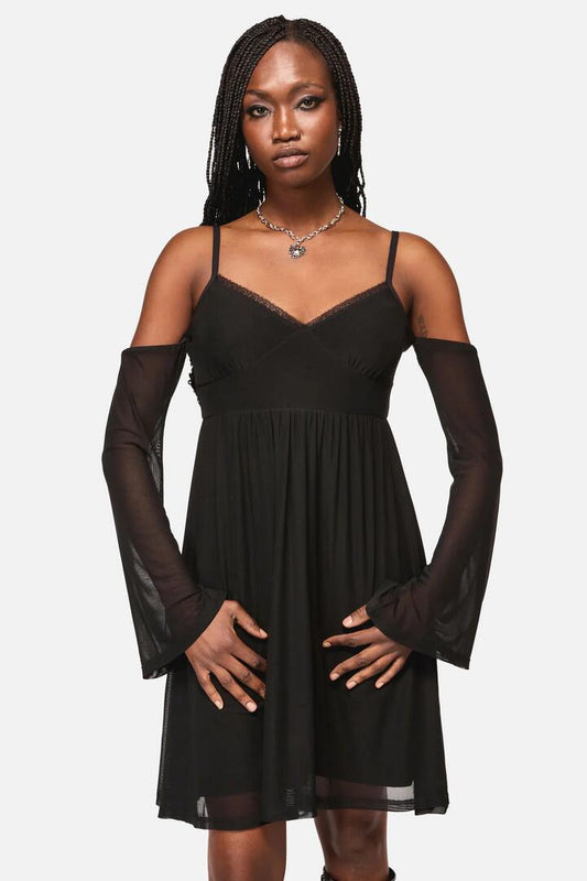 Image of a model wearing Dress. Productname: Cross Wise Mesh Dress in Black colour by brand - Black Friday